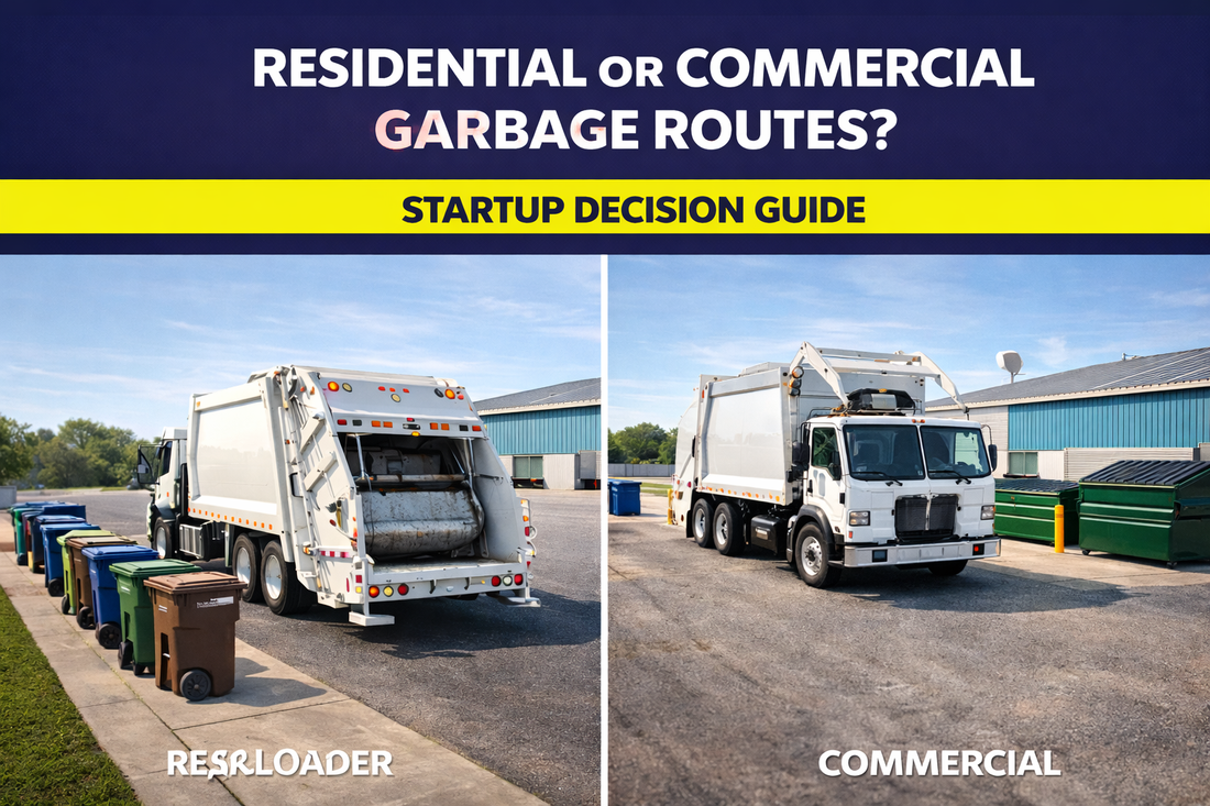 residential vs commercial garbage collection trucks showing rear loader and front loader waste trucks