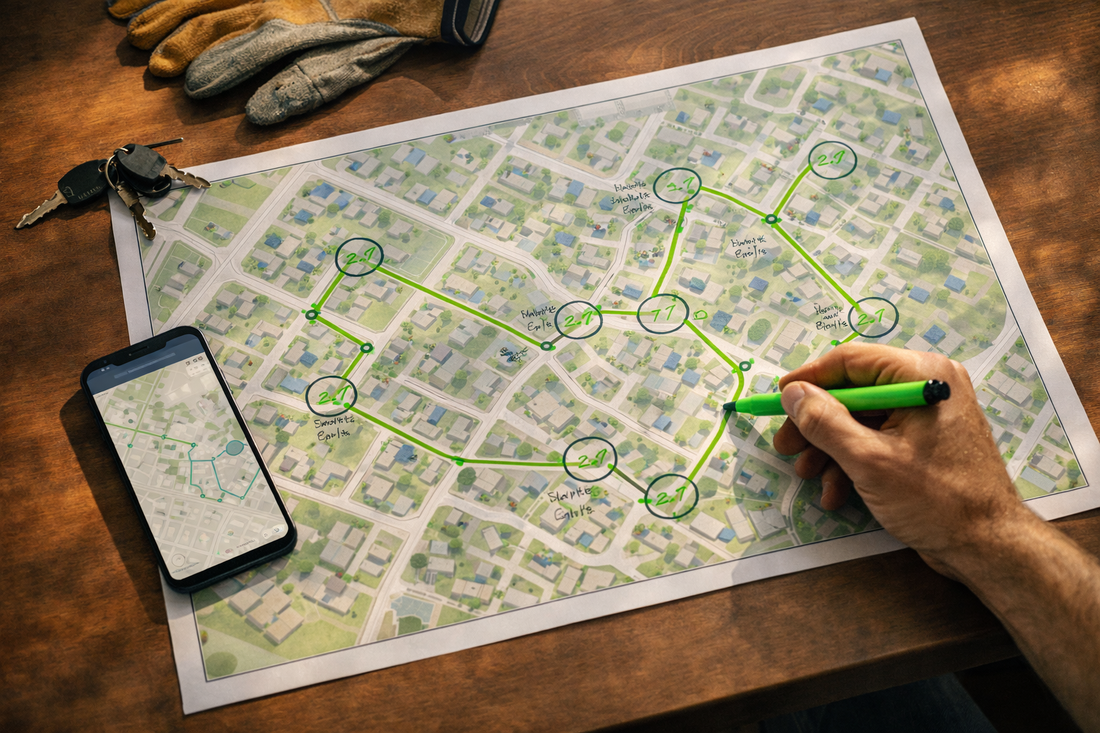 Lawn care route planning map with marked stops and optimized service path