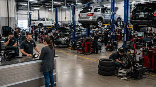 Busy auto repair shop with multiple vehicles, technicians, and customers demonstrating a profitable automotive repair business.