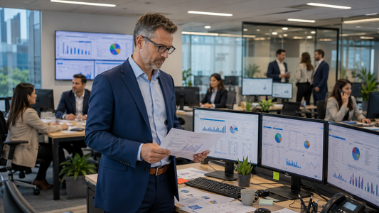 Successful staffing agency owner reviewing recruiting revenue, client contracts, and profit reports inside a growing staffing business