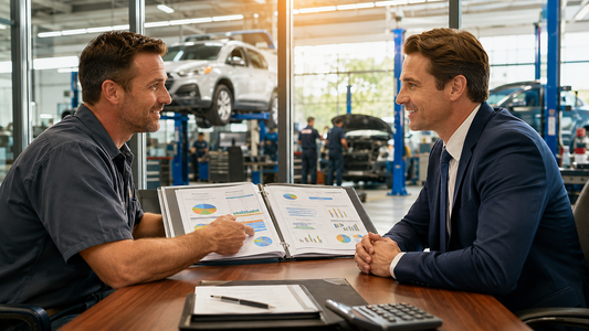 Auto repair shop owner presenting a professional business plan with financial projections during a bank loan meeting