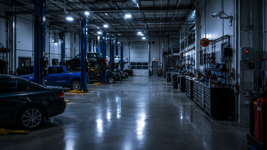Secure auto repair shop after hours with customer vehicles, vehicle lifts, security systems, and protected business assets.