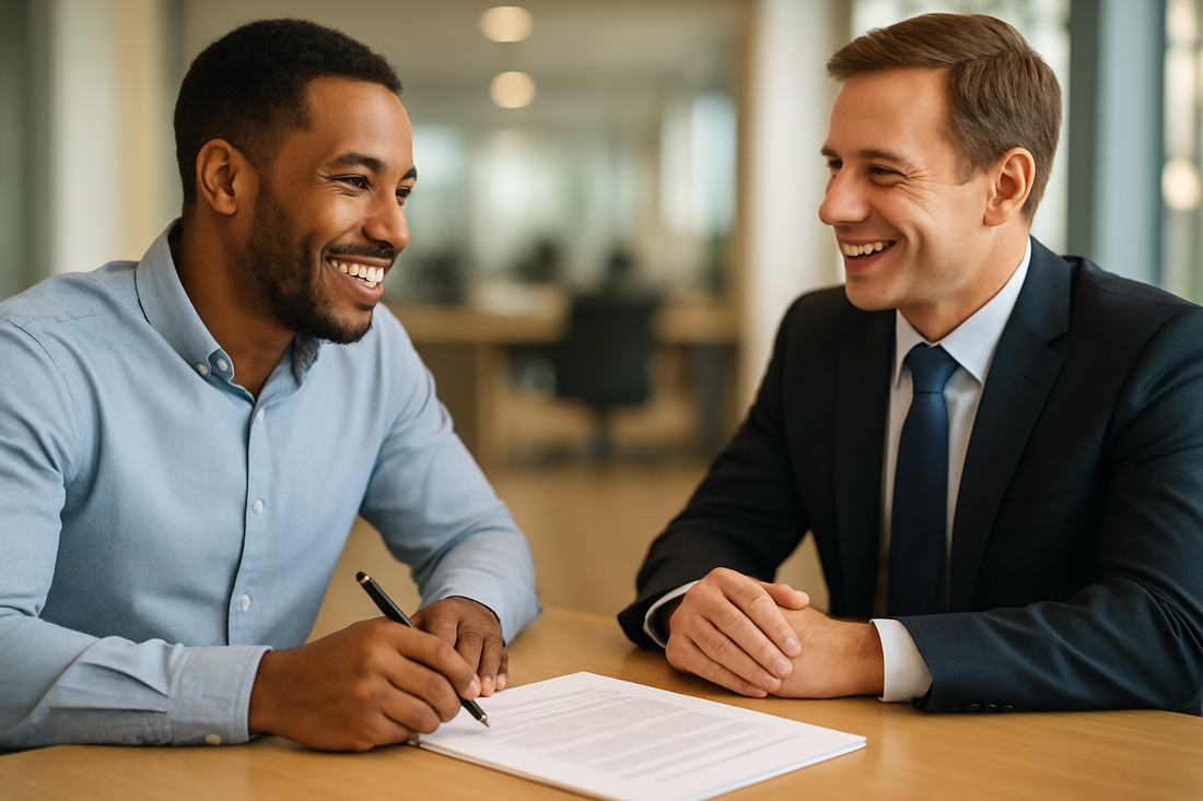 Businessman signing loan approval paperwork while smiling with a banker across the desk.