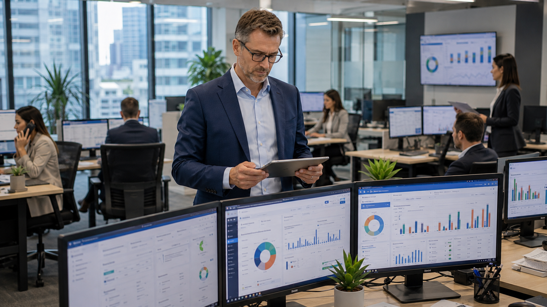 Staffing agency owner reviewing recruiting software dashboards, applicant tracking systems, and candidate management tools inside a professional recruiting office