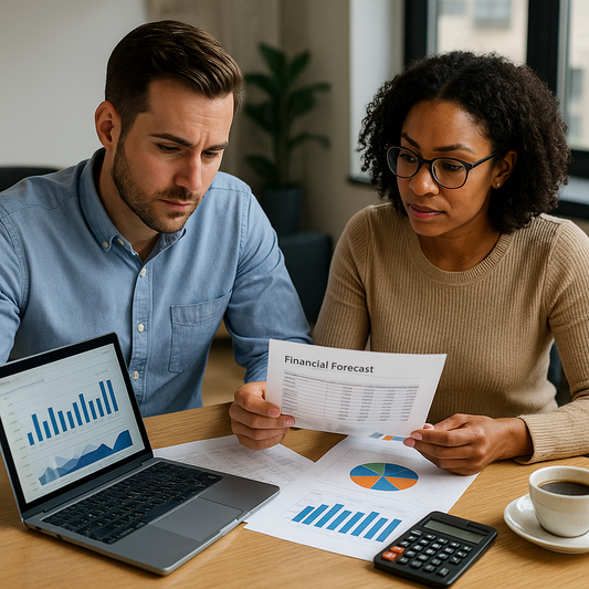 Entrepreneurs analyzing financial projections and business plan forecasts with charts and a laptop in a modern office.