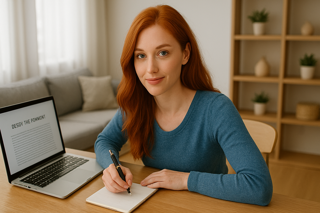Entrepreneur with red hair working from home, taking notes in a notepad beside a laptop in a bright modern dining room.