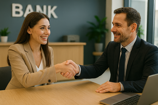 Professional woman shaking hands with a banker inside a modern bank office, smiling as they finalize an SBA loan approval across a clean wooden desk.