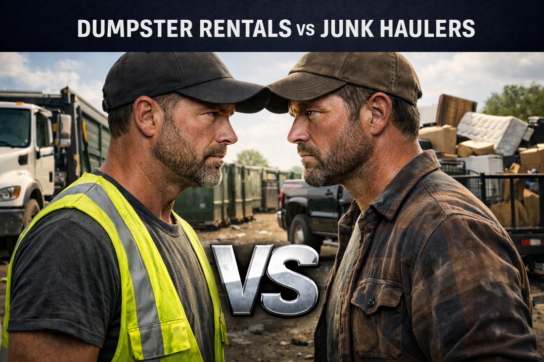 Dumpster rental vs junk hauling operators facing off with trucks and debris removal equipment.