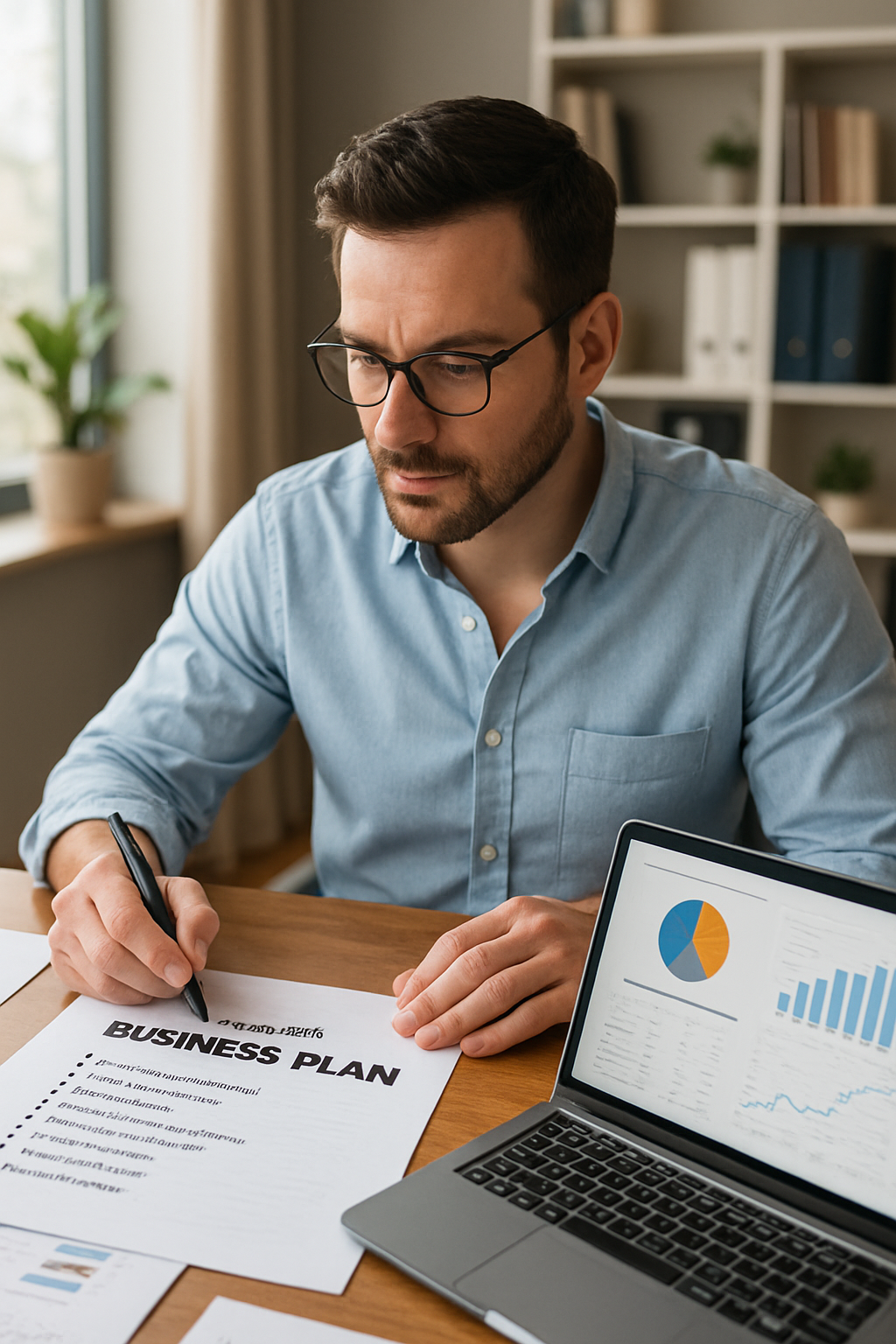 Man writing a business plan at his desk with charts, financial documents, and a laptop; realistic workspace scene for a 2025 business planning guide.