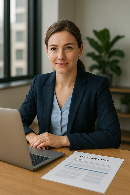 Photo of entrepreneur reviewing a business plan template with charts and financial sections on a laptop.