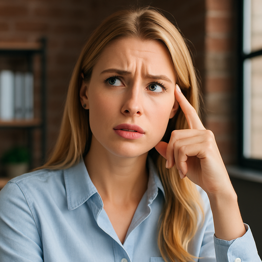 Businesswoman looking confused while researching business plan templates, expressing uncertainty with a questioning facial expression.