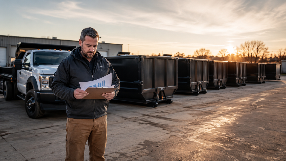 Small dumpster rental business owner reviewing growth plans beside a fleet of roll-off dumpsters