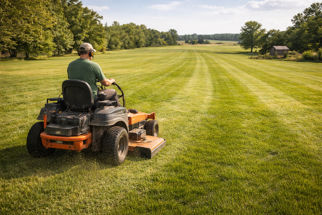 Lawn care professional using riding mower to cut large acre-sized lawn