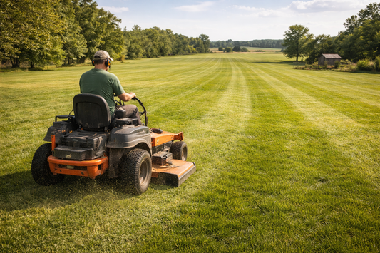 Lawn care professional using riding mower to cut large acre-sized lawn