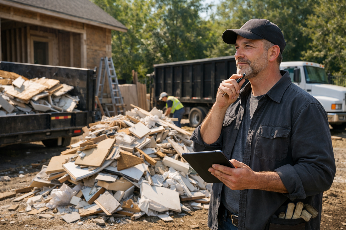 Contractor or homeowner looking at the cost of removing construction debris from a renovation site