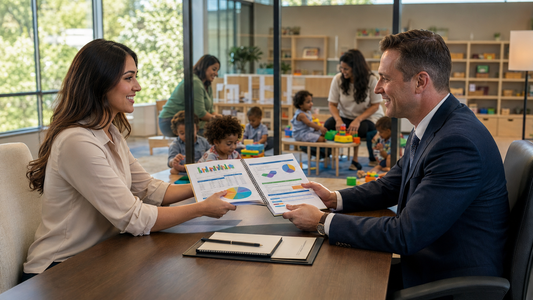 Daycare owner presenting a professional daycare business plan during a bank loan meeting.