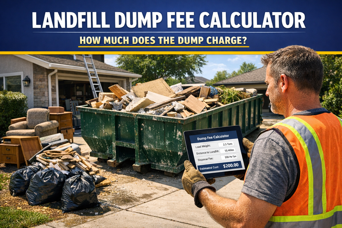 Landfill dump fee calculator estimating debris disposal costs beside a roll off dumpster at a residential cleanup site