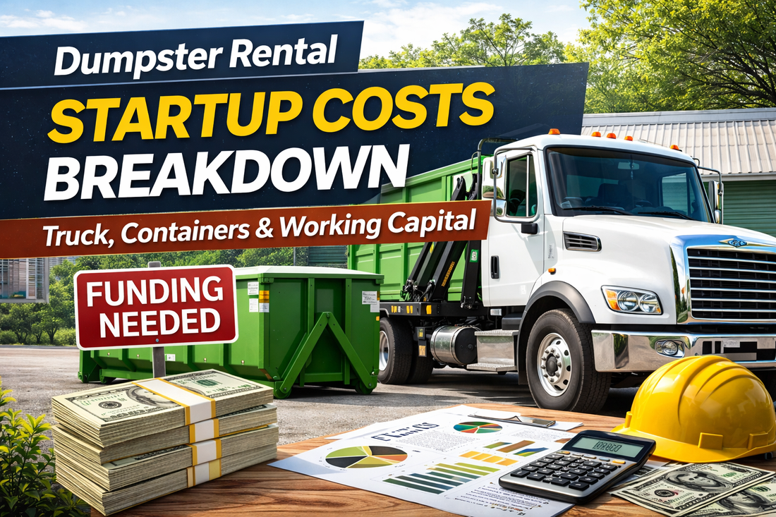 Roll-off dumpster truck and green containers illustrating dumpster rental startup costs including truck investment, container inventory, and working capital planning