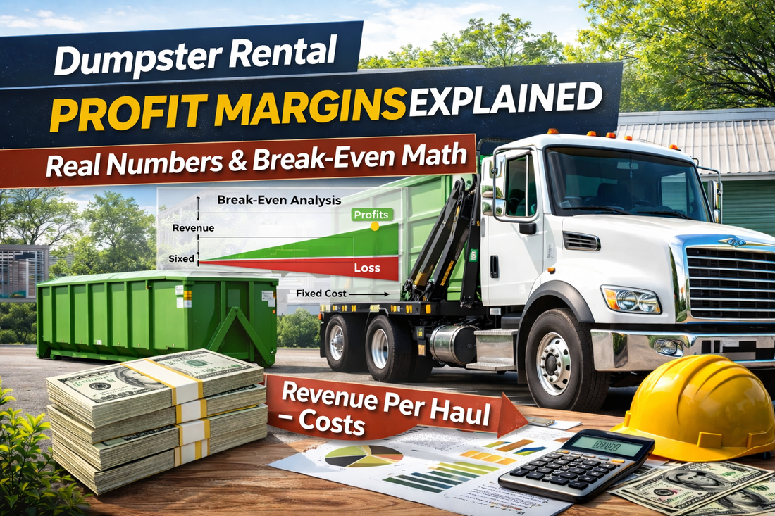 Roll-off dumpster truck and containers representing dumpster rental profit margins, revenue per haul, and break-even analysis