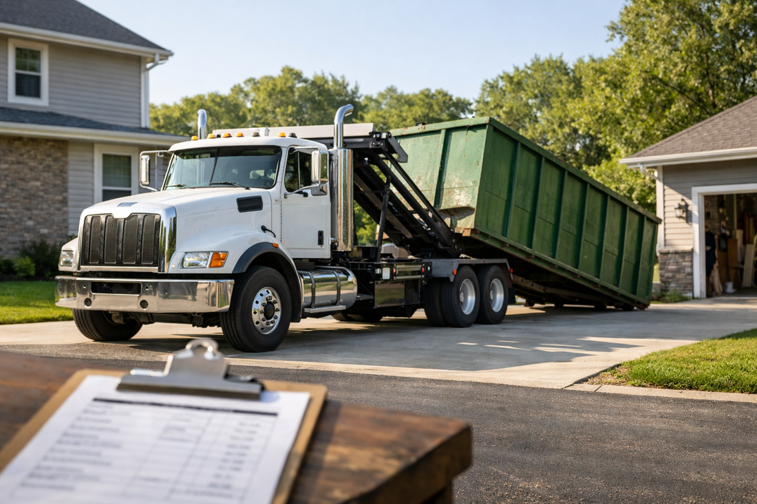 White roll-off dumpster truck delivering a green dumpster to a suburban residential driveway in bright morning light, with clipboard and pricing sheet blurred in the foreground.