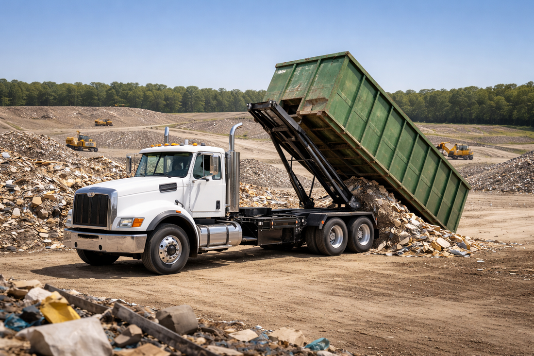 Roll-off dumpster truck unloading debris at landfill illustrating average tipping fees and disposal cost impact on dumpster rental pricing