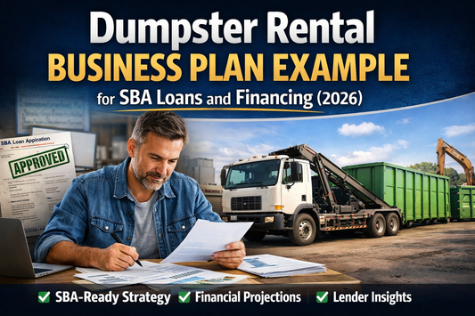 Roll-off dumpster truck and containers staged in a clean industrial yard representing a professional dumpster rental business plan for SBA financing