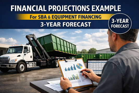 Dumpster rental financial projections example showing 3-year forecast for SBA and equipment financing with roll-off truck and business owner reviewing spreadsheets