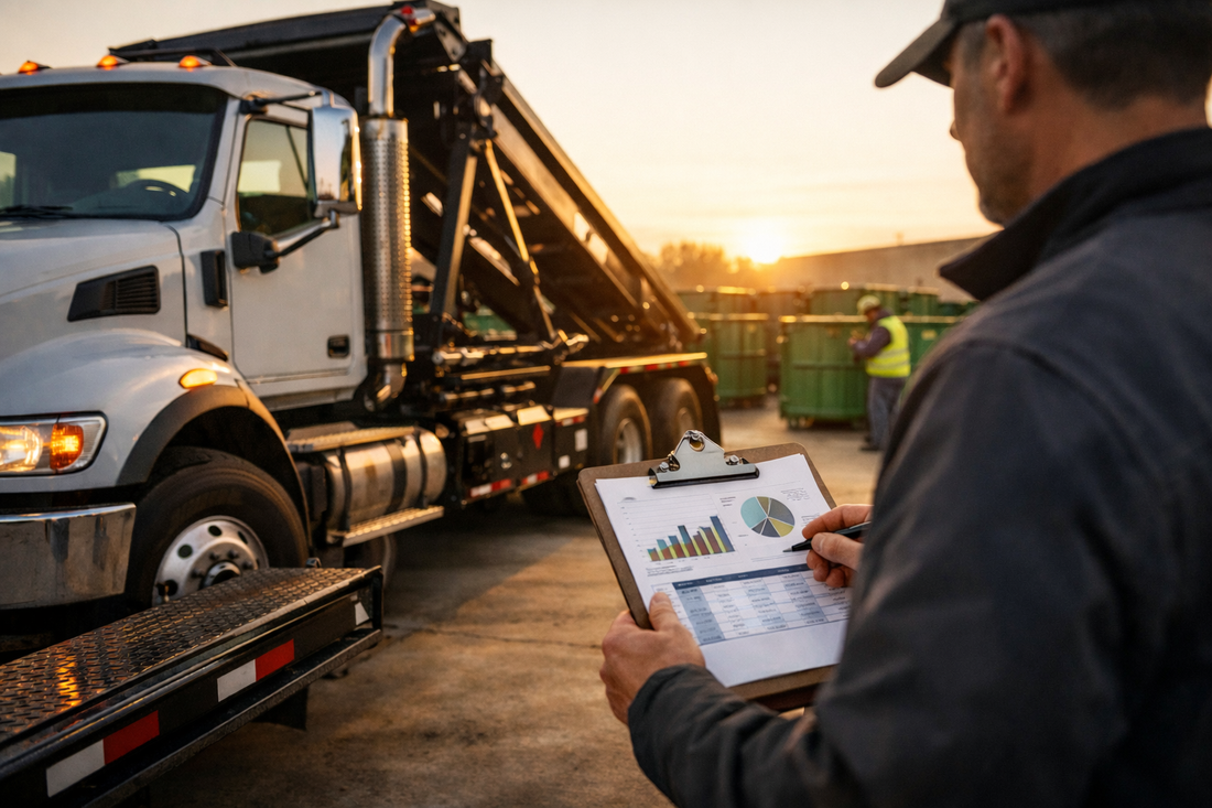 Roll-off dumpster truck parked in a clean industrial yard at golden hour while a business owner reviews financial projections on a clipboard, with green dumpsters lined up in the background and a worker inspecting equipment.