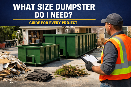 What Size Dumpster Do I Need guide showing two roll-off dumpsters of different sizes at a residential renovation site while a contractor reviews project notes to choose the correct dumpster size for cleanup debris.