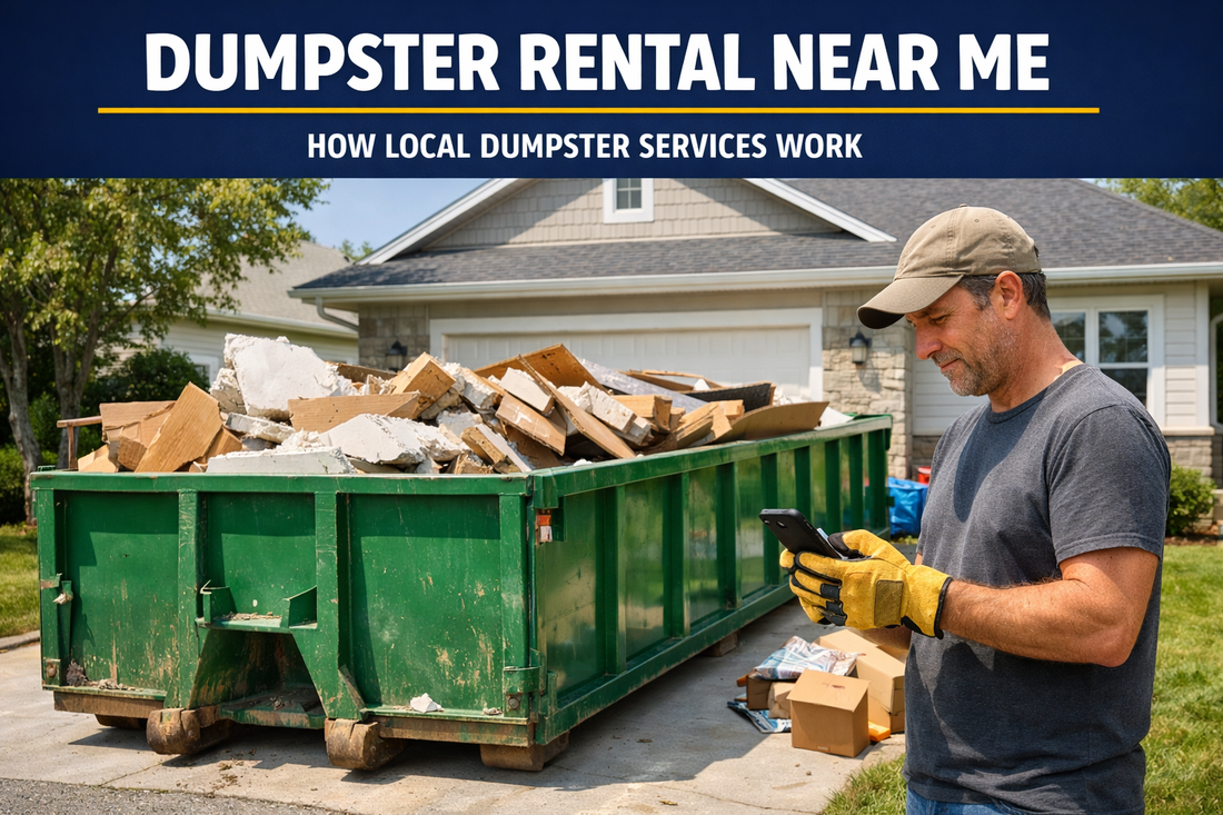 Dumpster rental delivered in a suburban driveway while a homeowner searches for local dumpster rental services on a smartphone during a home renovation cleanup project.