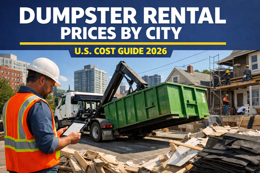 Dumpster rental truck delivering a roll-off dumpster at a city construction site while a contractor reviews pricing.