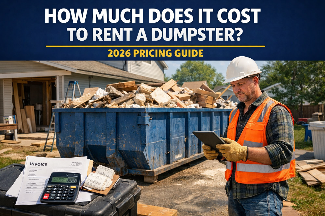 Dumpster rental pricing guide 2026 showing contractor reviewing costs beside a roll-off dumpster filled with renovation debris at a residential job site.