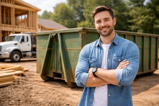 Entrepreneur confidently reviewing a structured dumpster rental business plan with organized paperwork and laptop