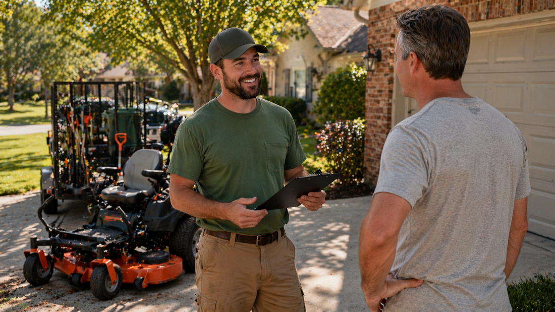 Lawn care operator meeting first customer in driveway beside mower and trailer