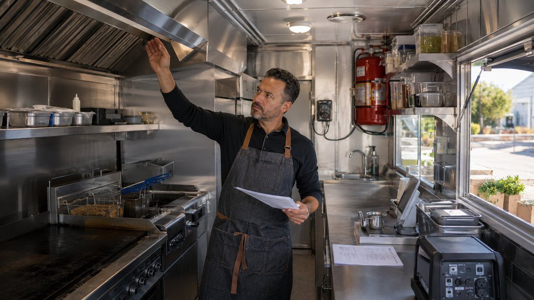 Food truck owner inspecting commercial kitchen equipment and startup supplies before opening.