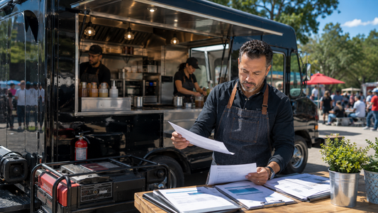 Food truck owner reviewing insurance policies and business protection documents before opening.