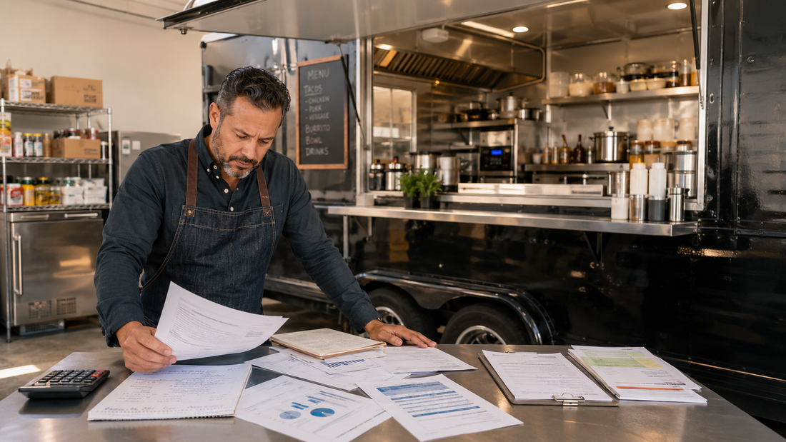 Food truck owner reviewing startup costs, equipment, permits, and business planning paperwork before launch.