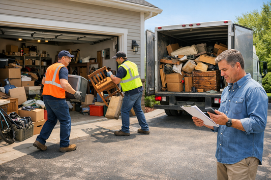 Garage cleanout junk removal service loading clutter into truck outside suburban home