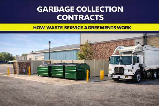 commercial garbage collection dumpsters and front loader truck representing waste service contracts