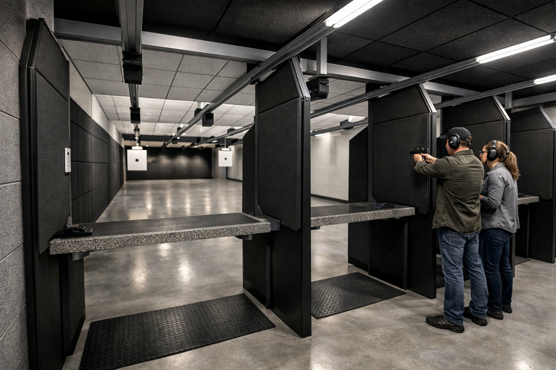 Wide-angle view of a modern indoor shooting range with empty lanes, acoustic panels, lane dividers, and two adults wearing ear and eye protection practicing at a safe distance.