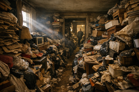 Extreme hoarder house interior filled with clutter and debris before cleanout begins
