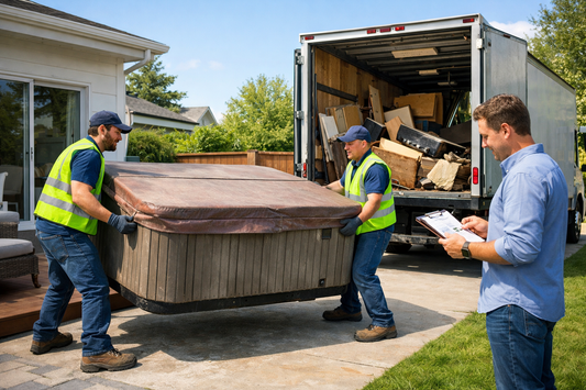 Hot tub removal crew lifting a large old spa into a junk removal truck while homeowner reviews cost estimate in suburban driveway