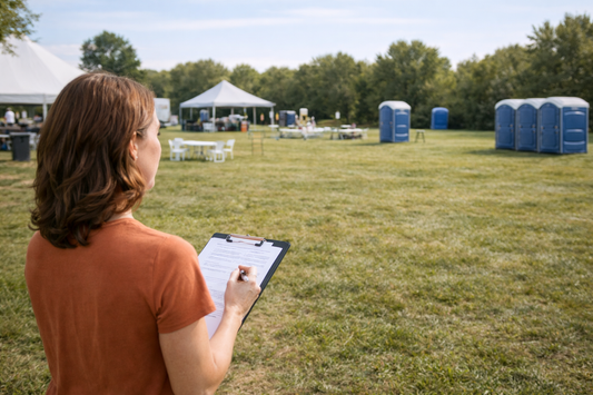 Event planner reviewing portable toilet layout and guest count for outdoor event setup