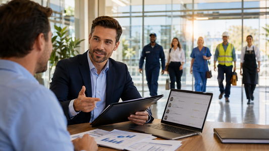 Staffing agency owner meeting with a business client while newly hired employees from multiple industries arrive for work.