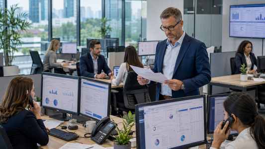 Staffing agency owner reviewing resumes, client contracts, and recruiting operations while building a successful staffing company
