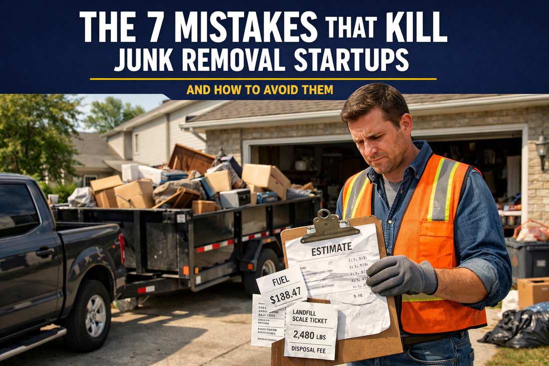 Small junk removal business owner reviewing costs beside a dump trailer full of household junk in a suburban driveway