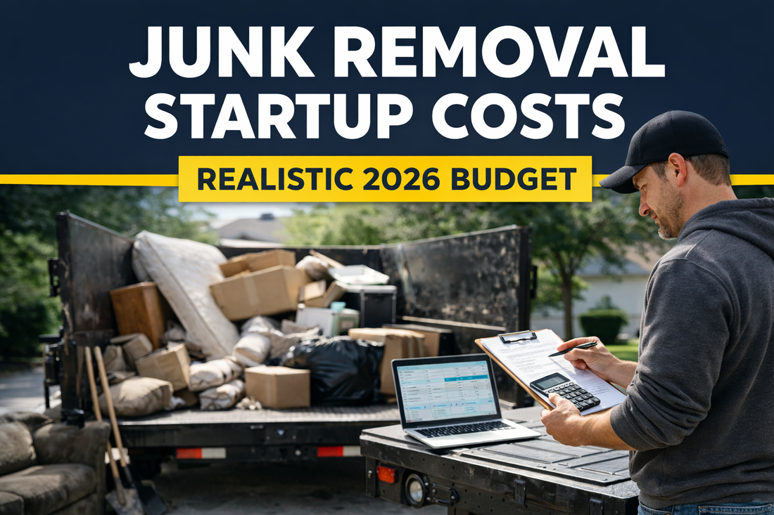 Junk removal business owner reviewing startup costs beside truck and dump trailer before launching hauling company