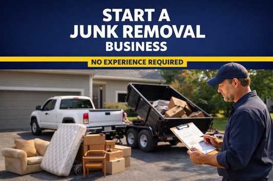 Start a junk removal business with no experience — new owner reviewing notes beside a hauling truck and dump trailer with household junk staged in a residential driveway.