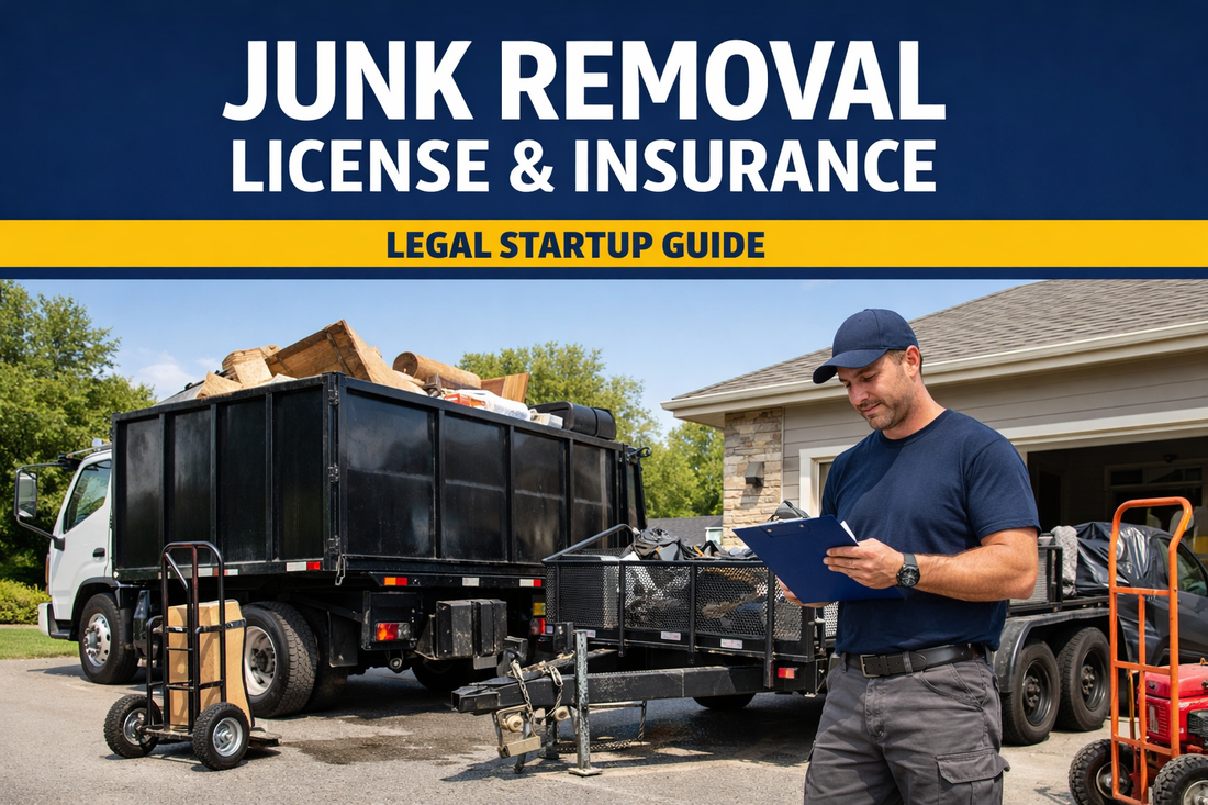 Junk removal truck and trailer representing licensing, permits, and insurance requirements for starting a junk removal business.