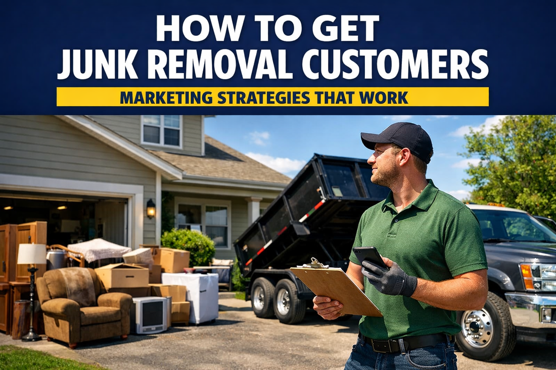 Junk removal business owner reviewing jobs beside a hauling truck representing marketing strategies to get junk removal customers